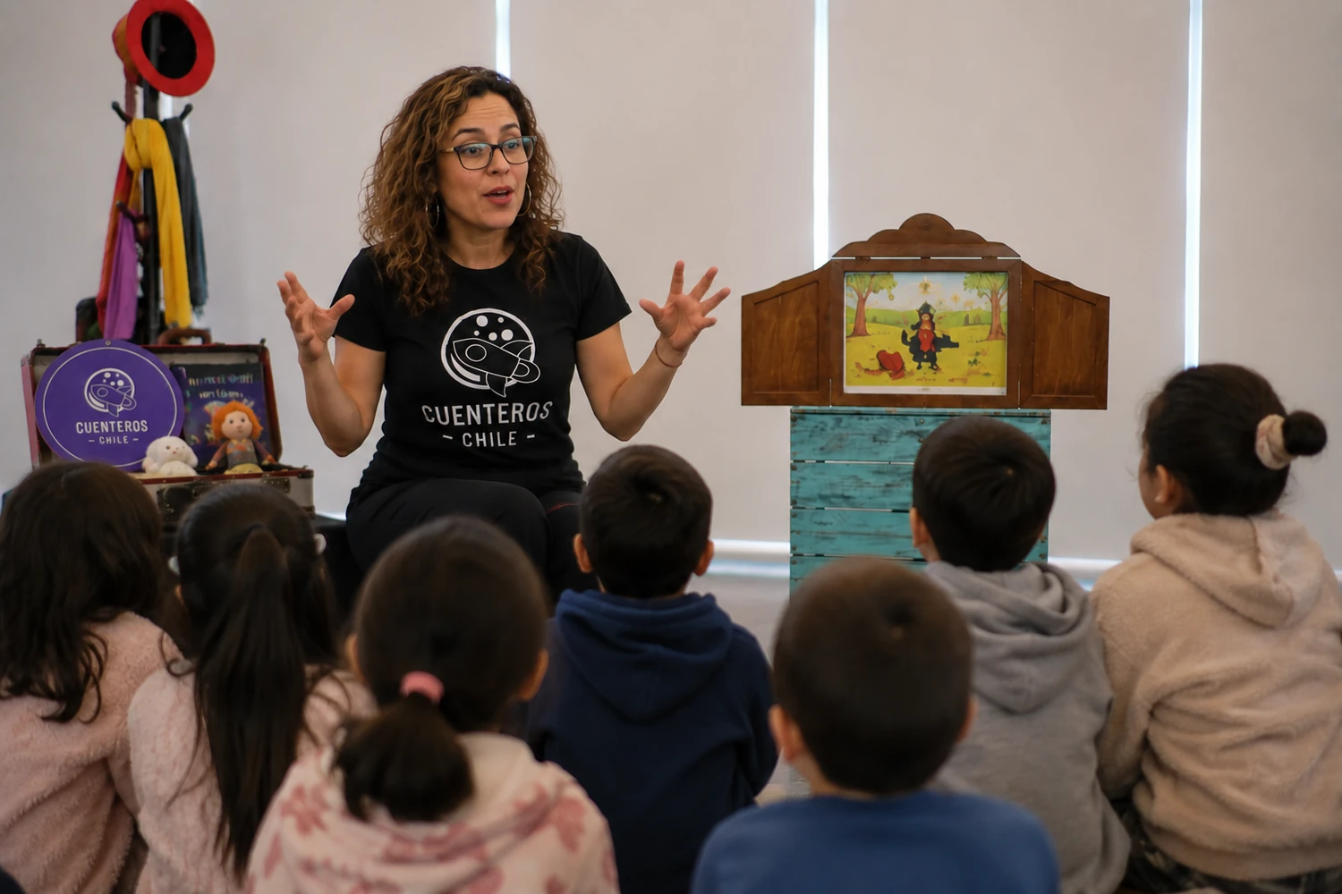 Una alumna narrando con un kamishibai ante un grupo de niños y niñas