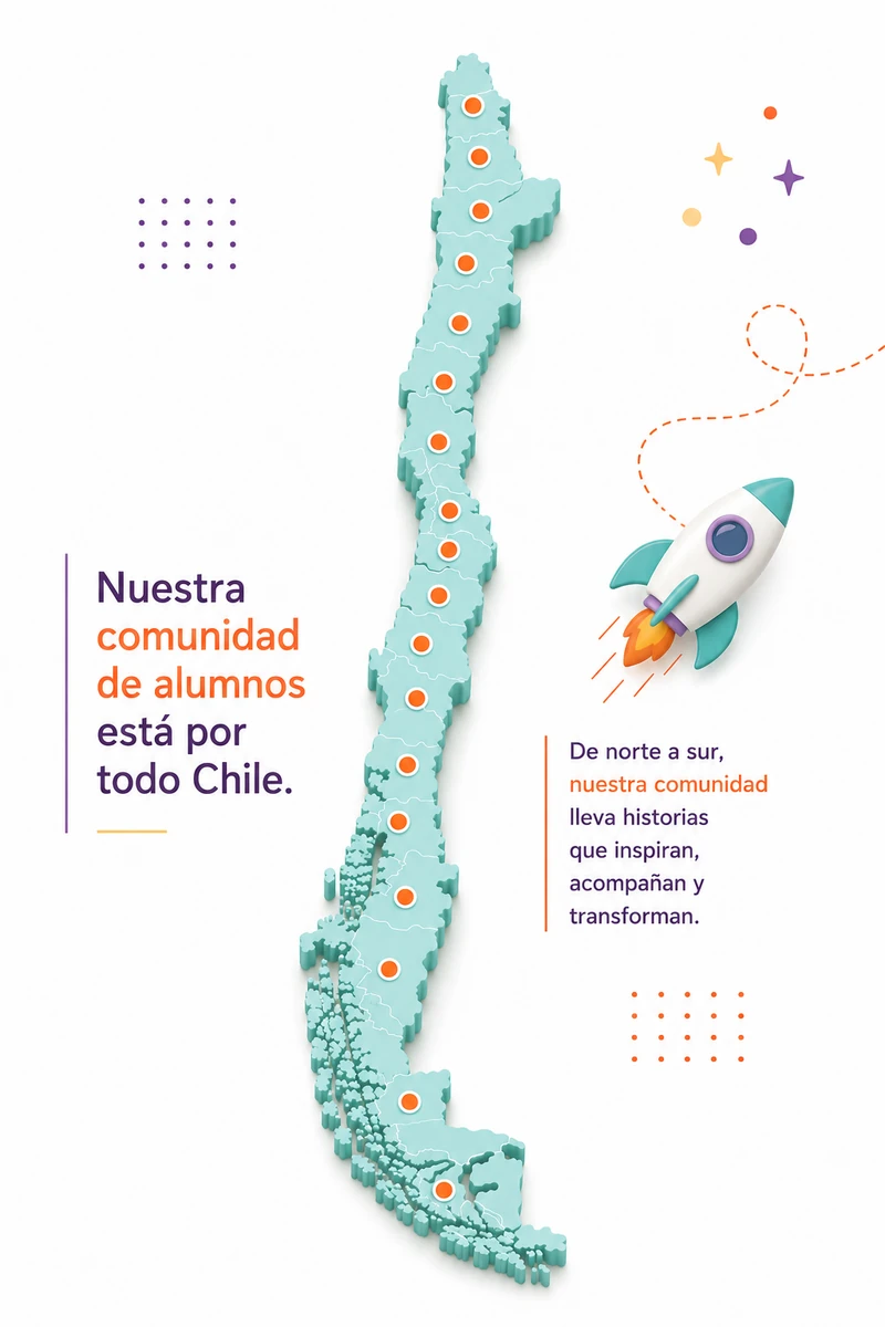 Ilustración de Chile completo: nuestra comunidad de alumnos está por todo Chile, de norte a sur, llevando historias que inspiran, acompañan y transforman.